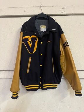 Black and Gold Bomber Varsity Jacket with Leather Sleeves